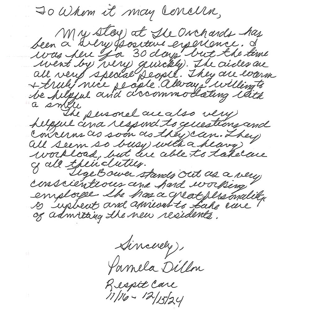 TheOrchards-PDillon-2024Review-1000x1000 Positive handwritten review from Pamela Dillon